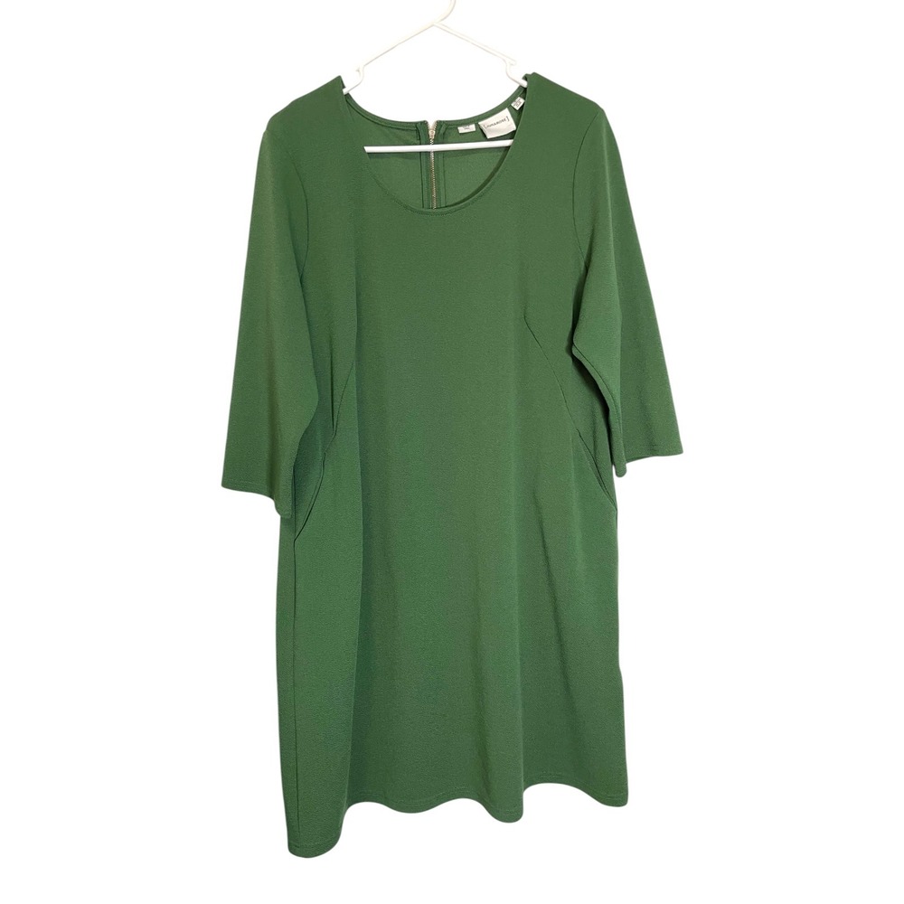 Junarose M Green Shift Dress 3/4 Sleeve Back Zip Pockets Modest Minimalist